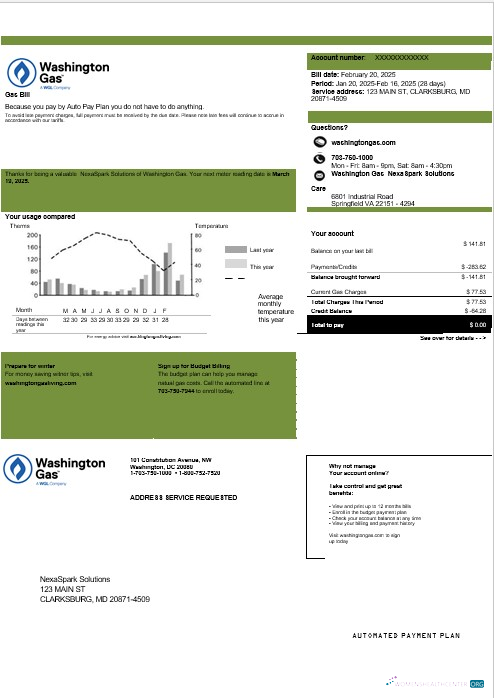 Download USA Washington Gas (WGL) business utility bill template in Word and PDF formats Photoshop template